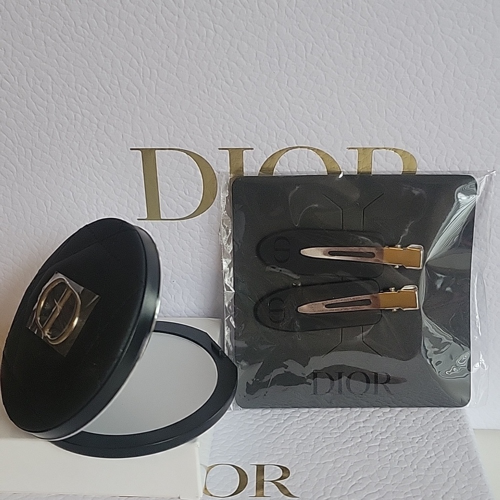 Dior Black Quilted Leather Compact Case with Silver CD Emblem & Black Hair Clips